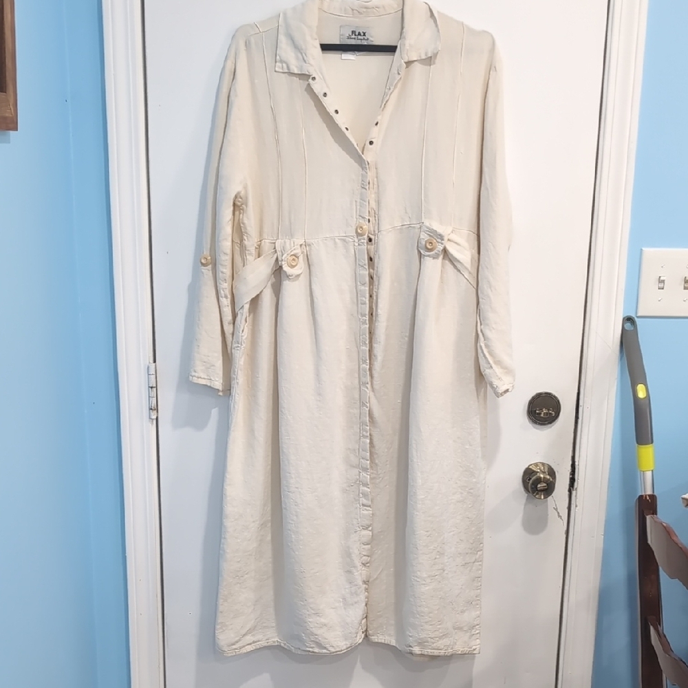 VTG Flax By Jeanne Englehart Cream Snap-Up Belted Maxi Dress Duster Lagenlook - Picture 8 of 9